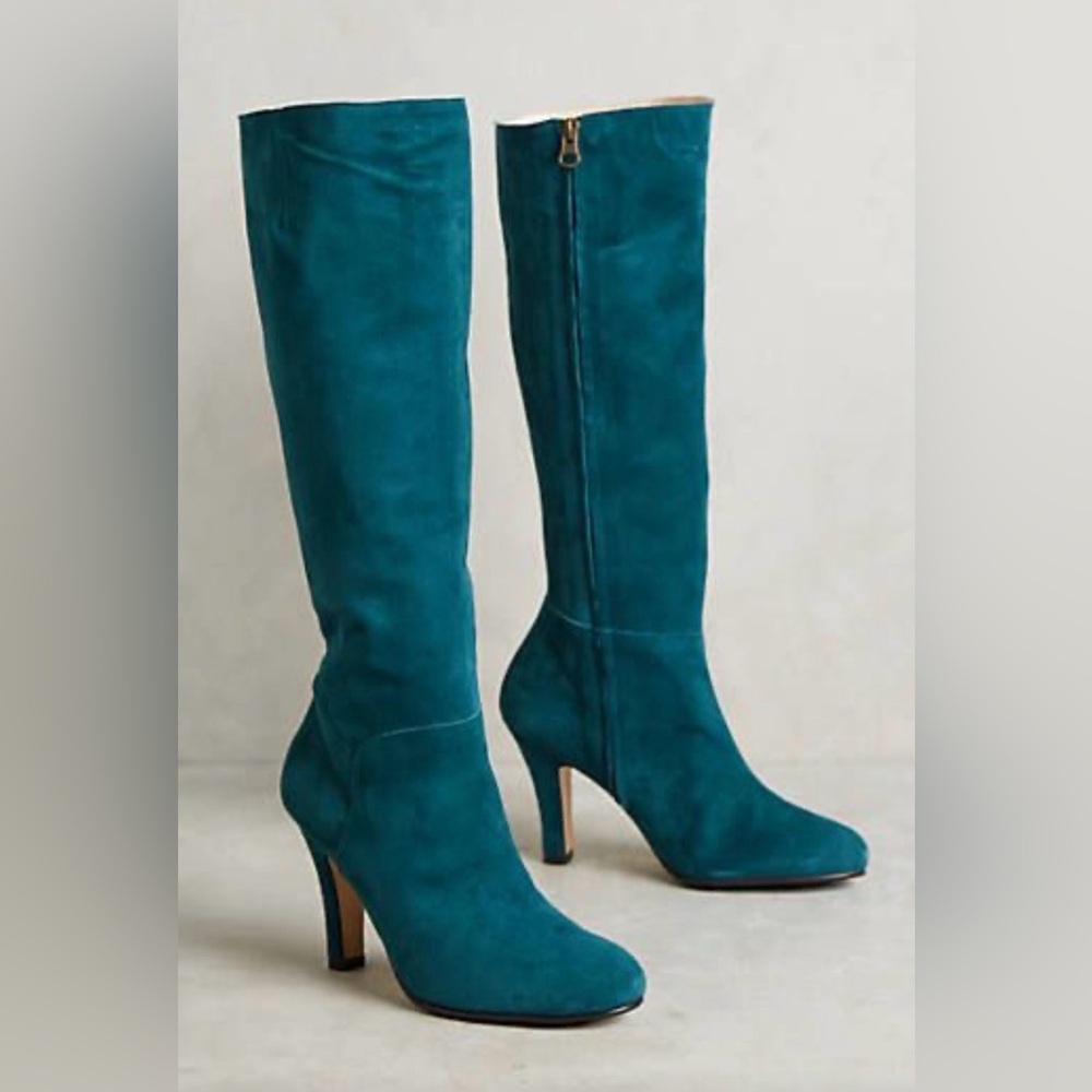 Anthropologie Knee High Lenora teal suede boot, Delia size 40 euro or 9 USA